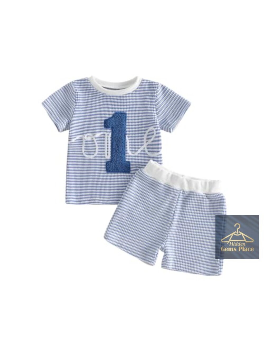 Baby Boy 1st Birthday Outfit Waffle Knit Short Set Embroidered One
